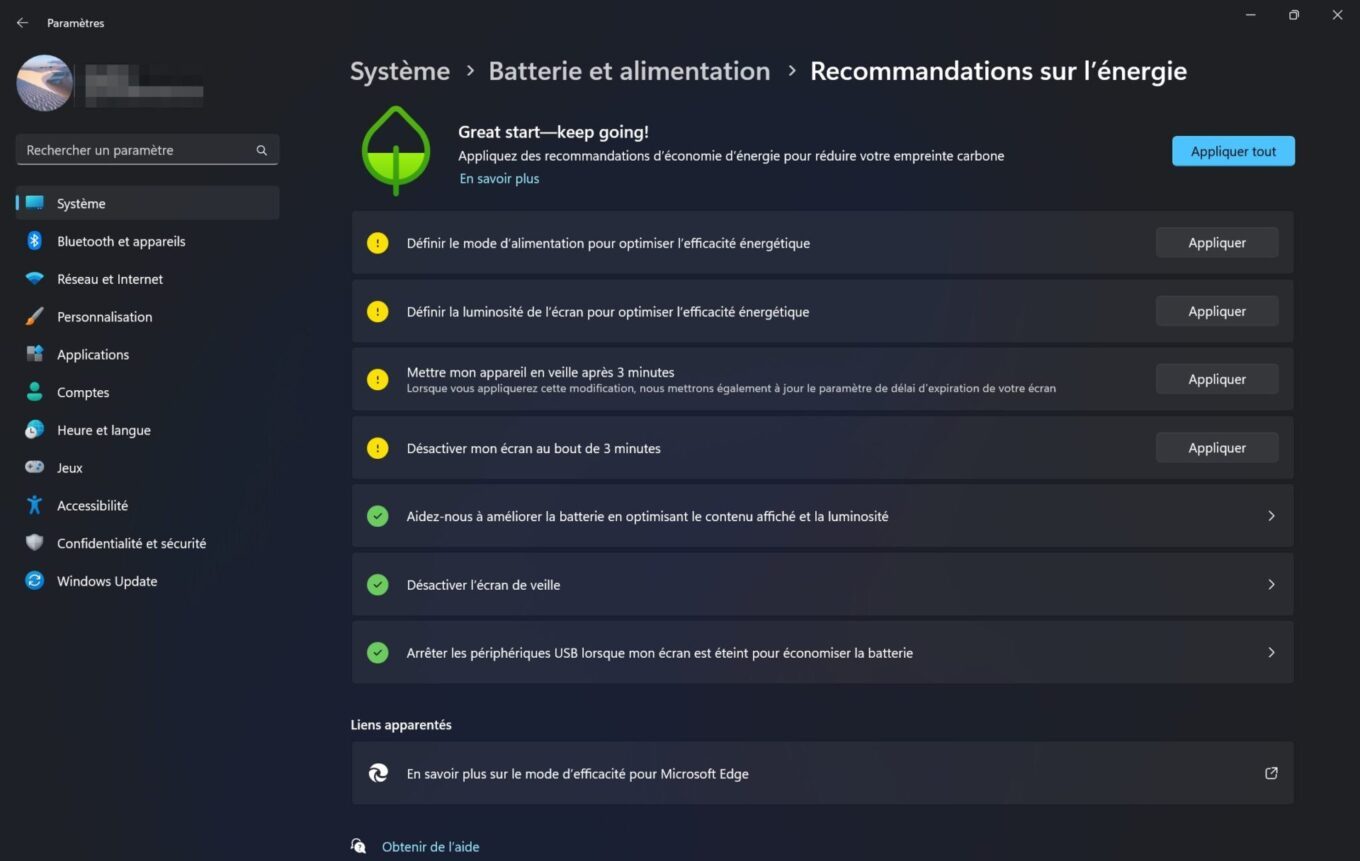 recommandations énergétiques Windows 11