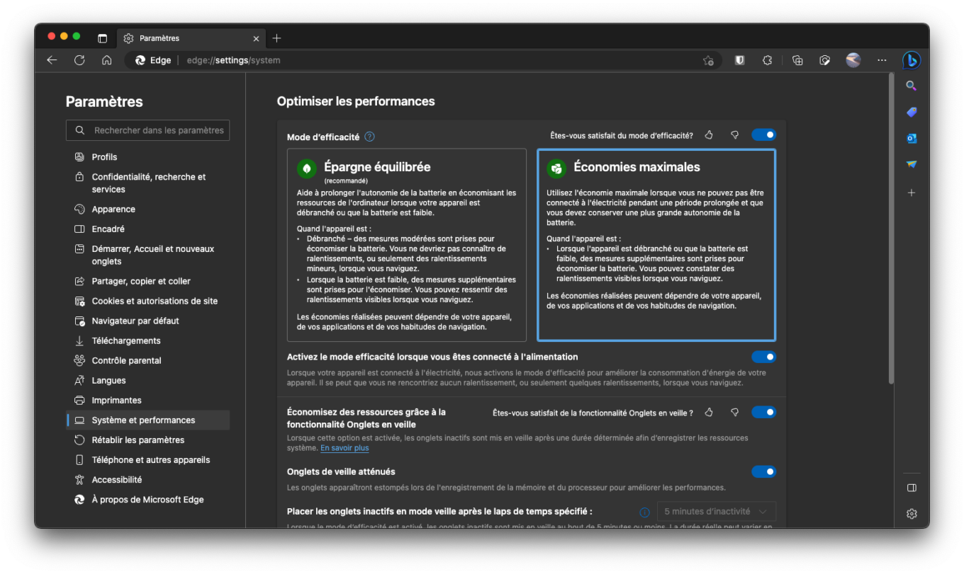 Microsoft Edge Mode d'efficacité