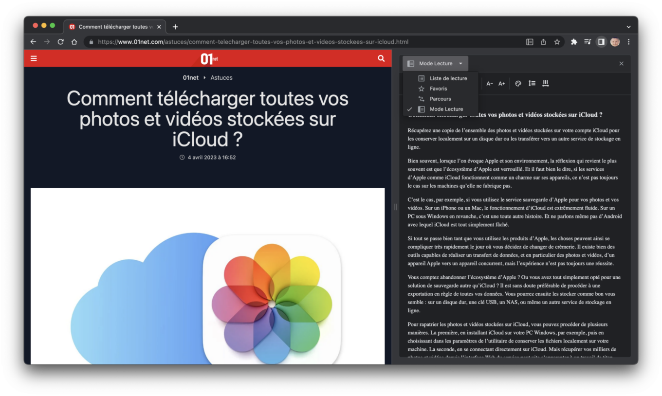 Chrome nouveau mode lecture