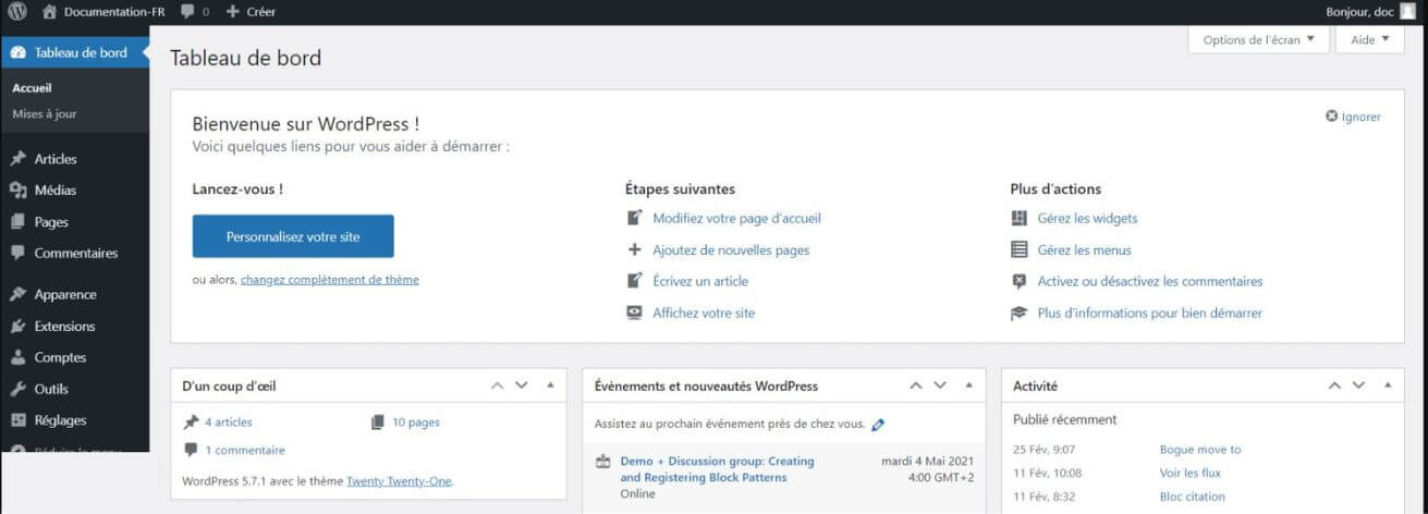 Tableau de bord WordPress