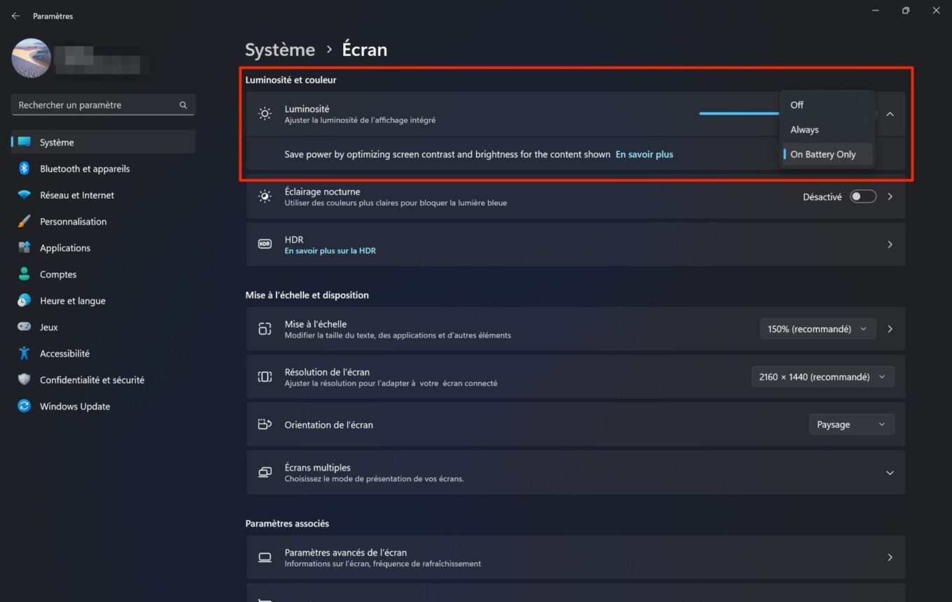 Windows 11 contrôle luminosité adaptative