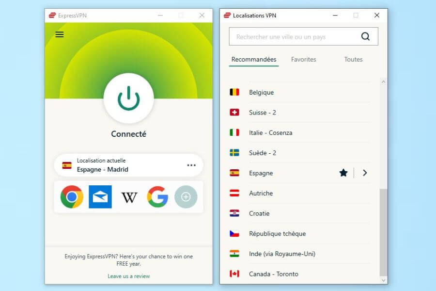 Interface Windows ExpressVPN connectée en Espagne