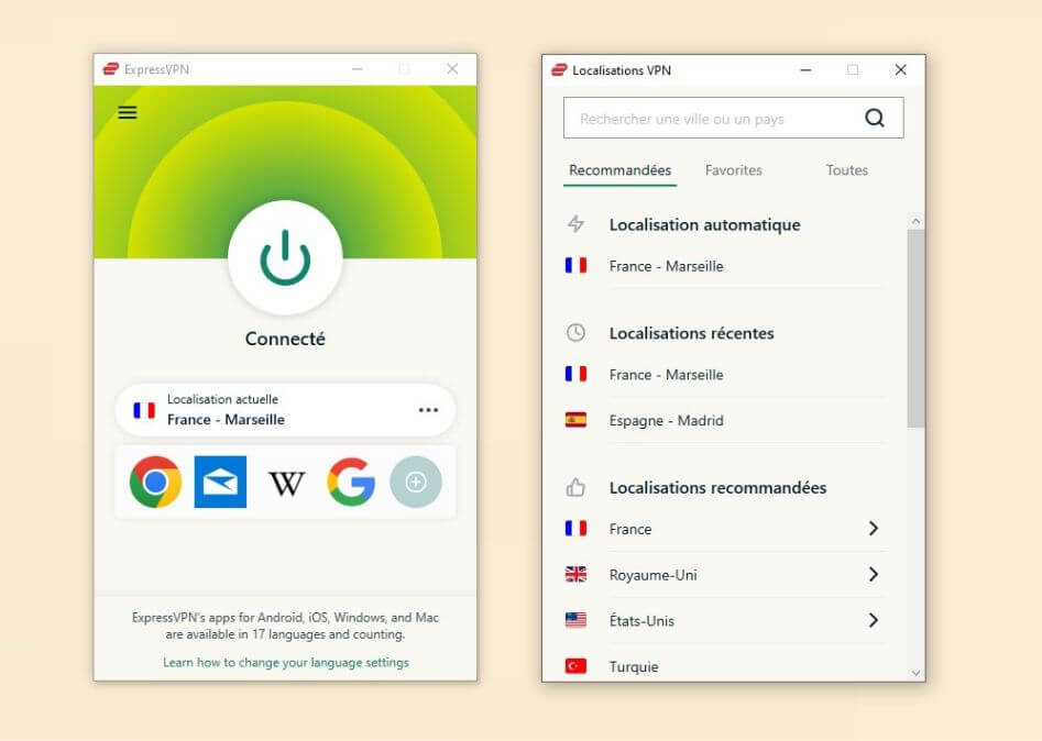 Interface Windows de ExpressVPN