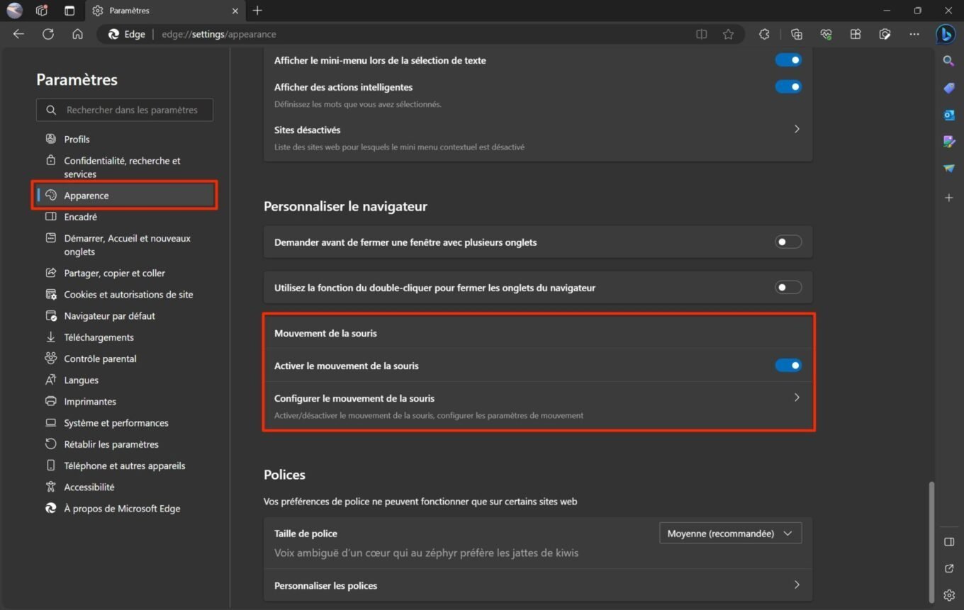 Microsoft Edge mouvements souris