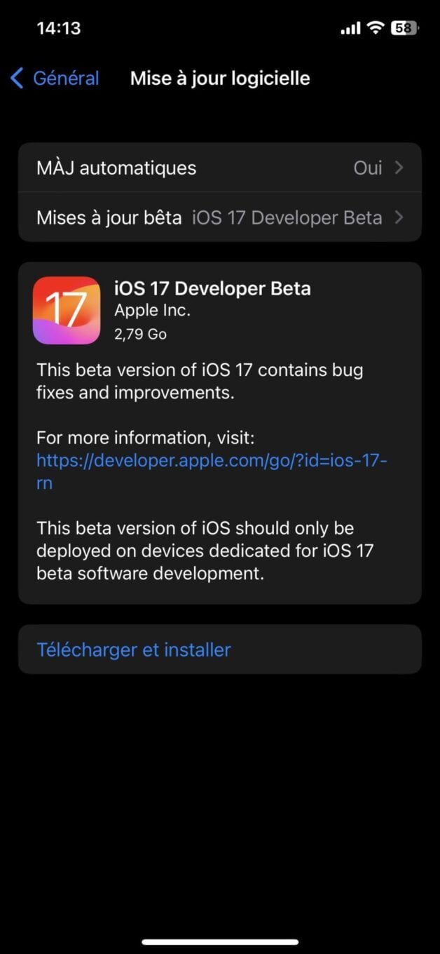installer iOS 17 Beta Developer