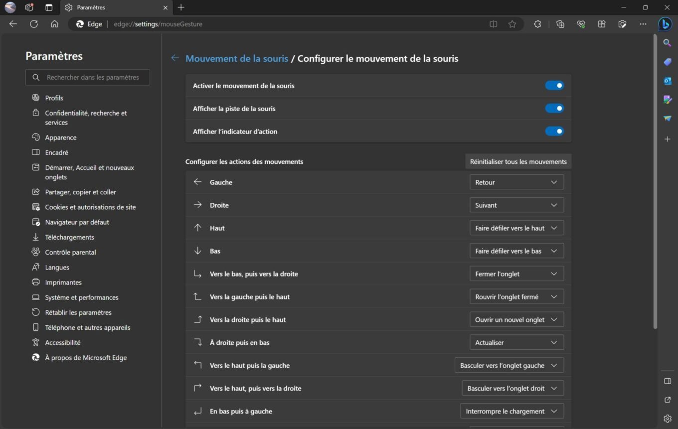 Microsoft Edge mouvements souris