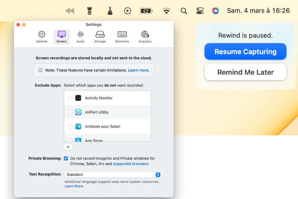 Il est possible de désactiver l'enregistrement et Rewind vous rappellera de le relancer régulièrement au cas où... il est aussi possible d'exclure des applications de l'effort de mémoire de Rewind.