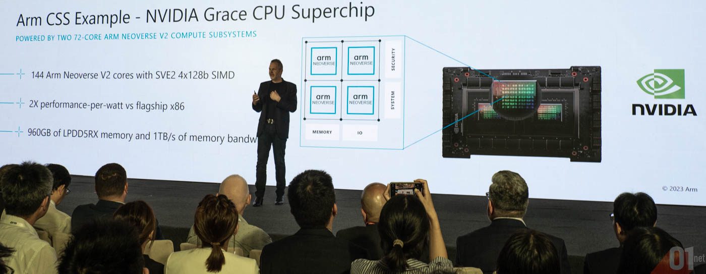 Cortex n'est pas le type de cœur le plus puissant dont ARM dipose : ici, le PDG d'ARM, René Hass, présente le CPU Grace de Nvidia basé sur les coeurs Neoverse dédiés aux centres de calculs. Des coeurs CPU bien plus performants (et énergivores) que ceux dédiés aux smartphones. © Adrian BRANCO / 01net.com