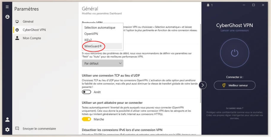 Choix de protocoles VPN avec CyberGhost