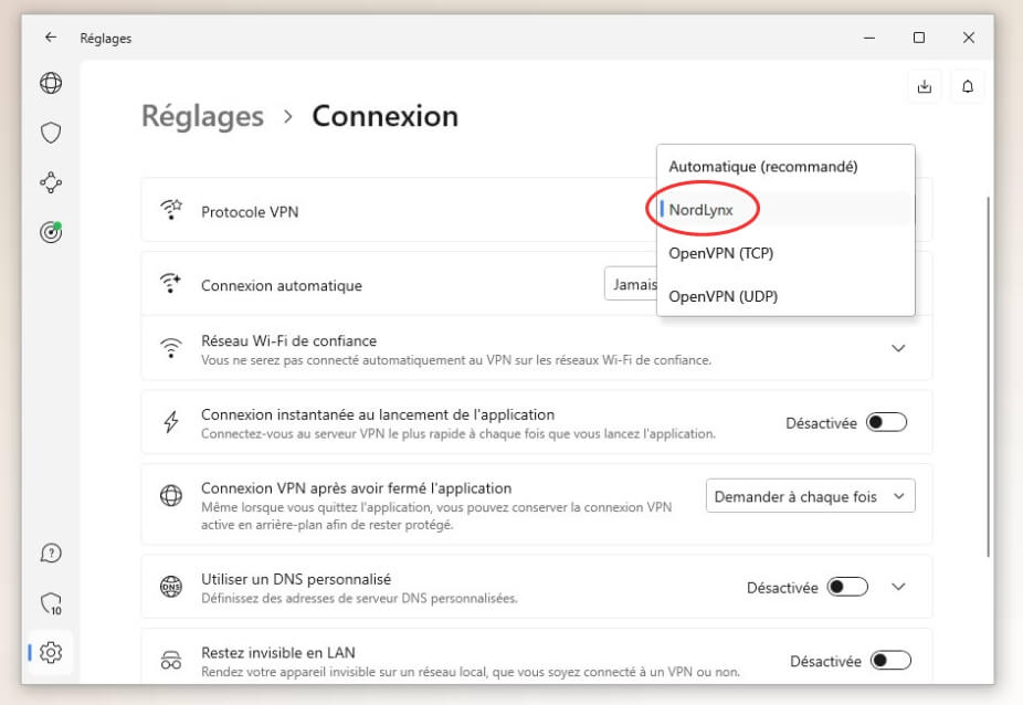 Choix de protocoles VPN avec NordVPN
