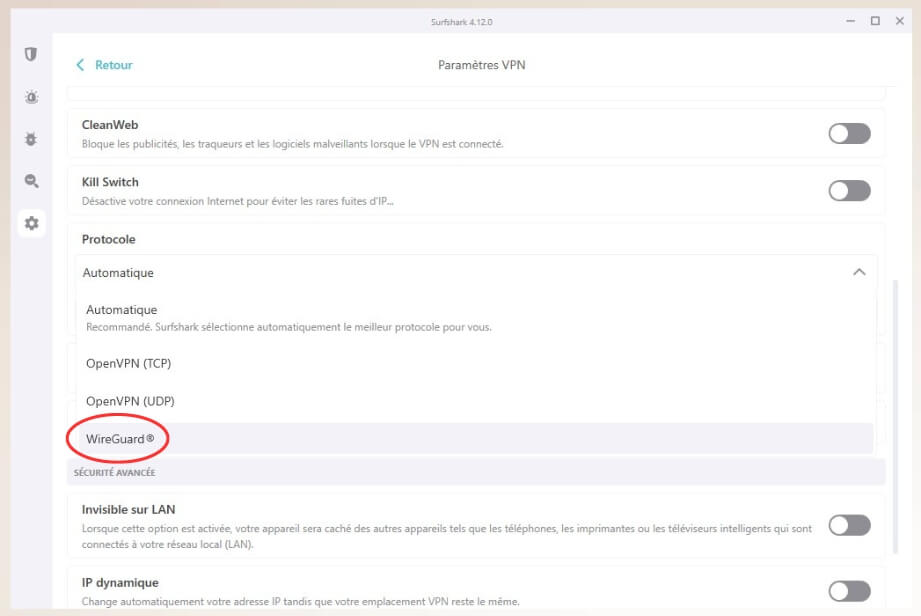Choix de protocoles VPN avec Surfshark