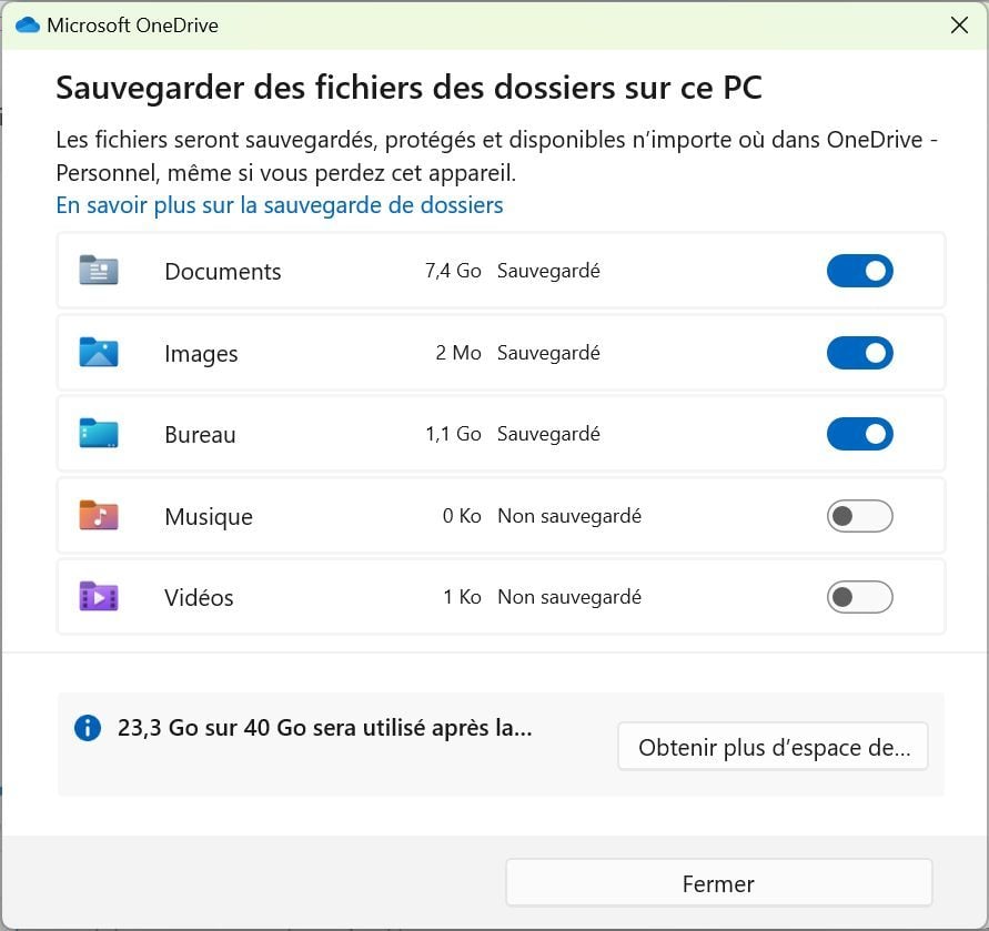 OneDrive transfert fichiers PC Windows