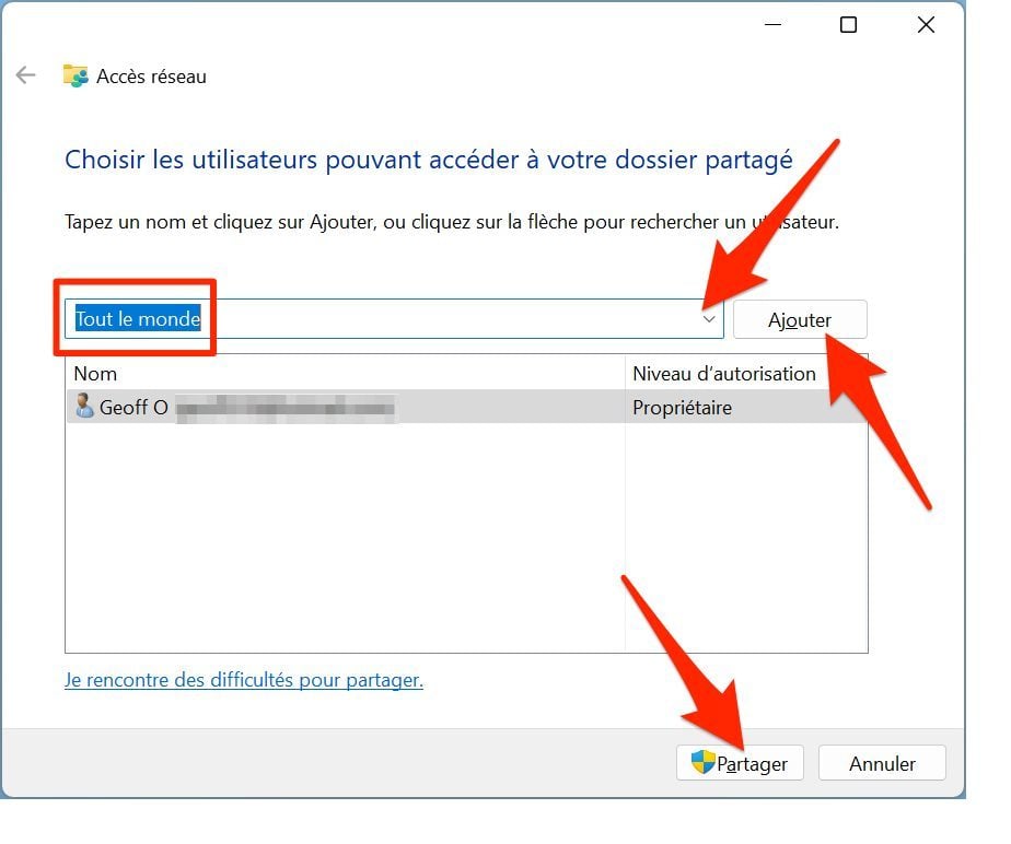 Partage réseau transfert fichiers PC Windows