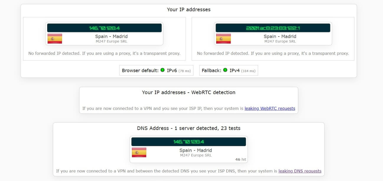 Test d'adresse IP avec HIde.me connecté en Espagne