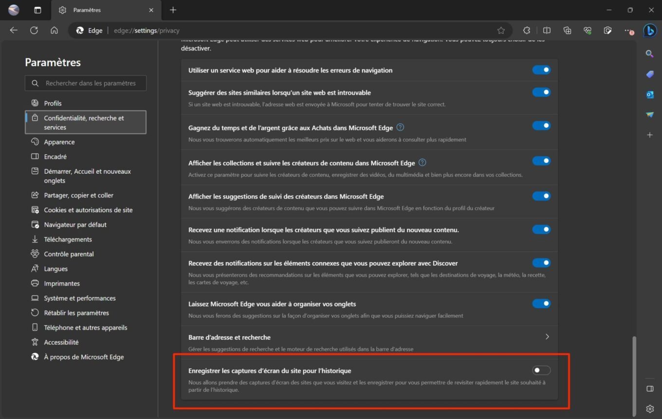 Microsoft Edge capture d'écran historique