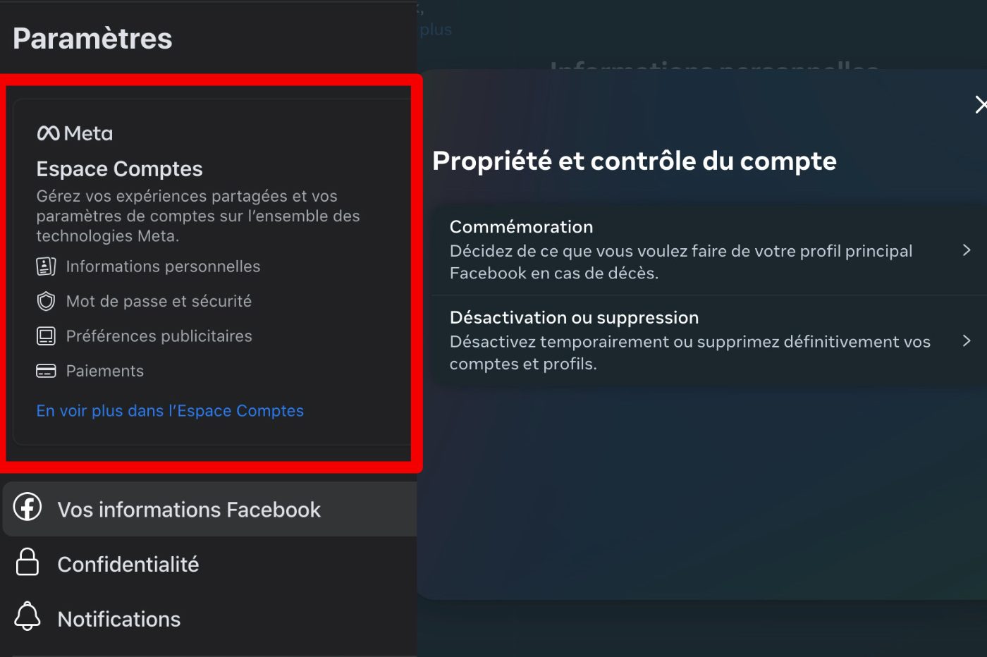 facebook espace comptes suppression desactivation