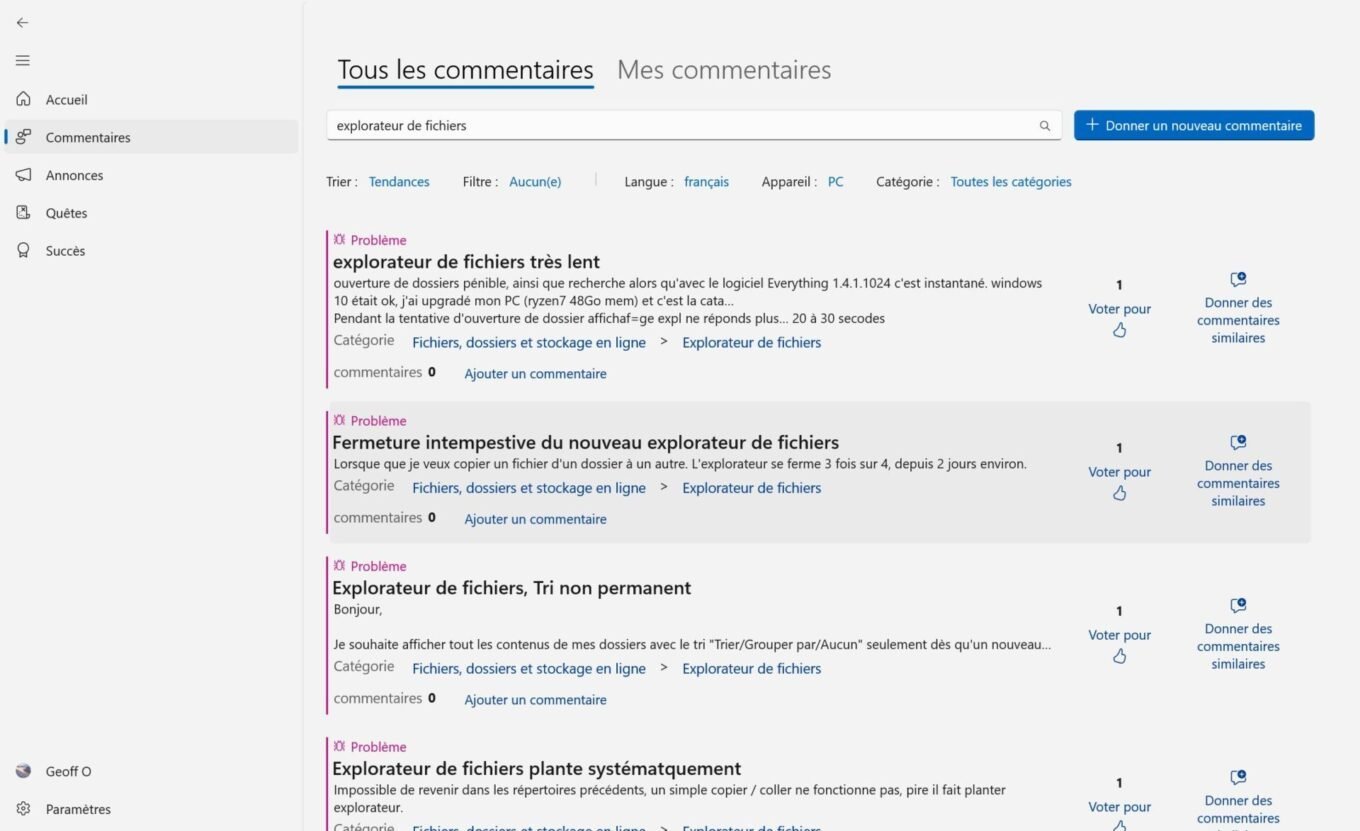 Hub de commentaire explorateur de fichiers