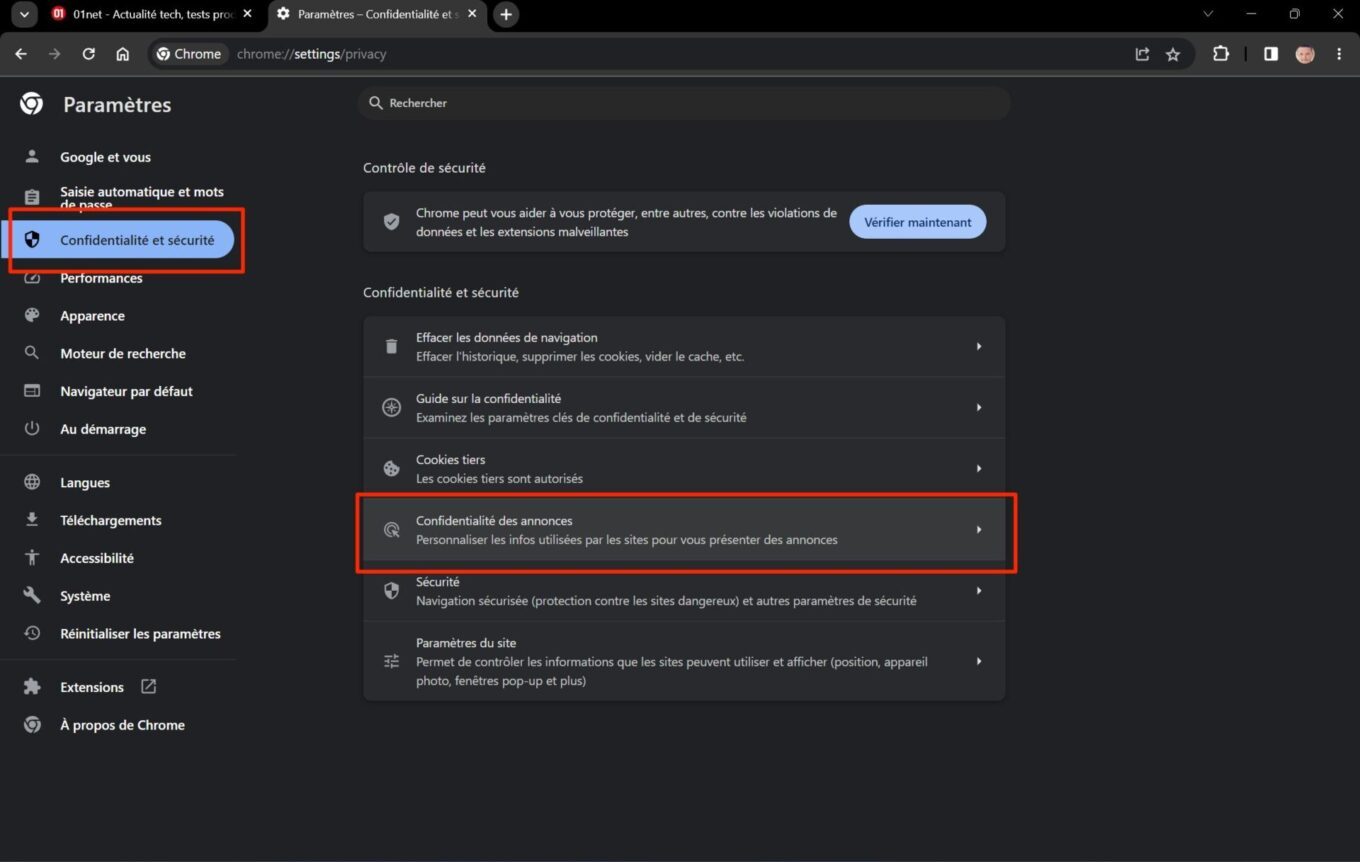 Chrome Pub Paramètres Confidentialité