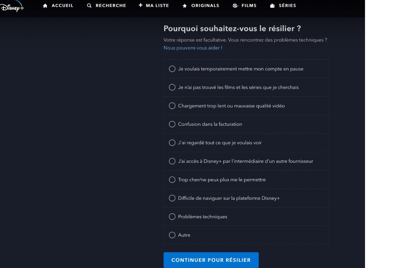 Disney+ Screenshot of the Termination page 