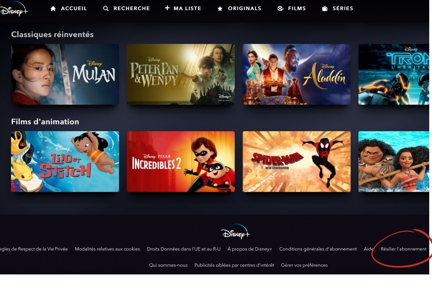 Capture d'écran page de résiliation Disney Plus