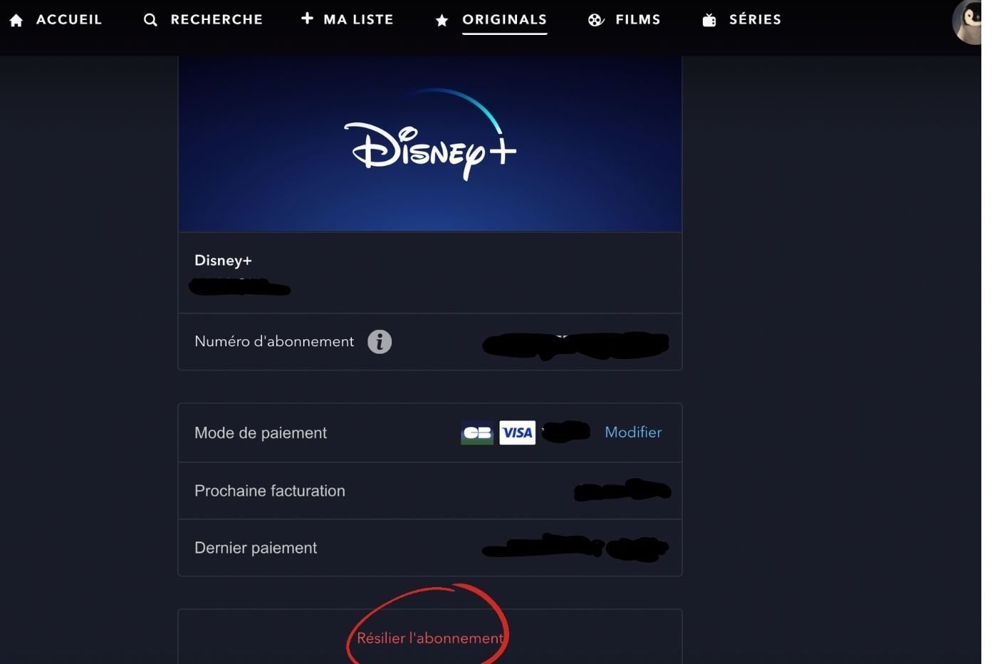 Capture d'écran page de résiliation Disney Plus