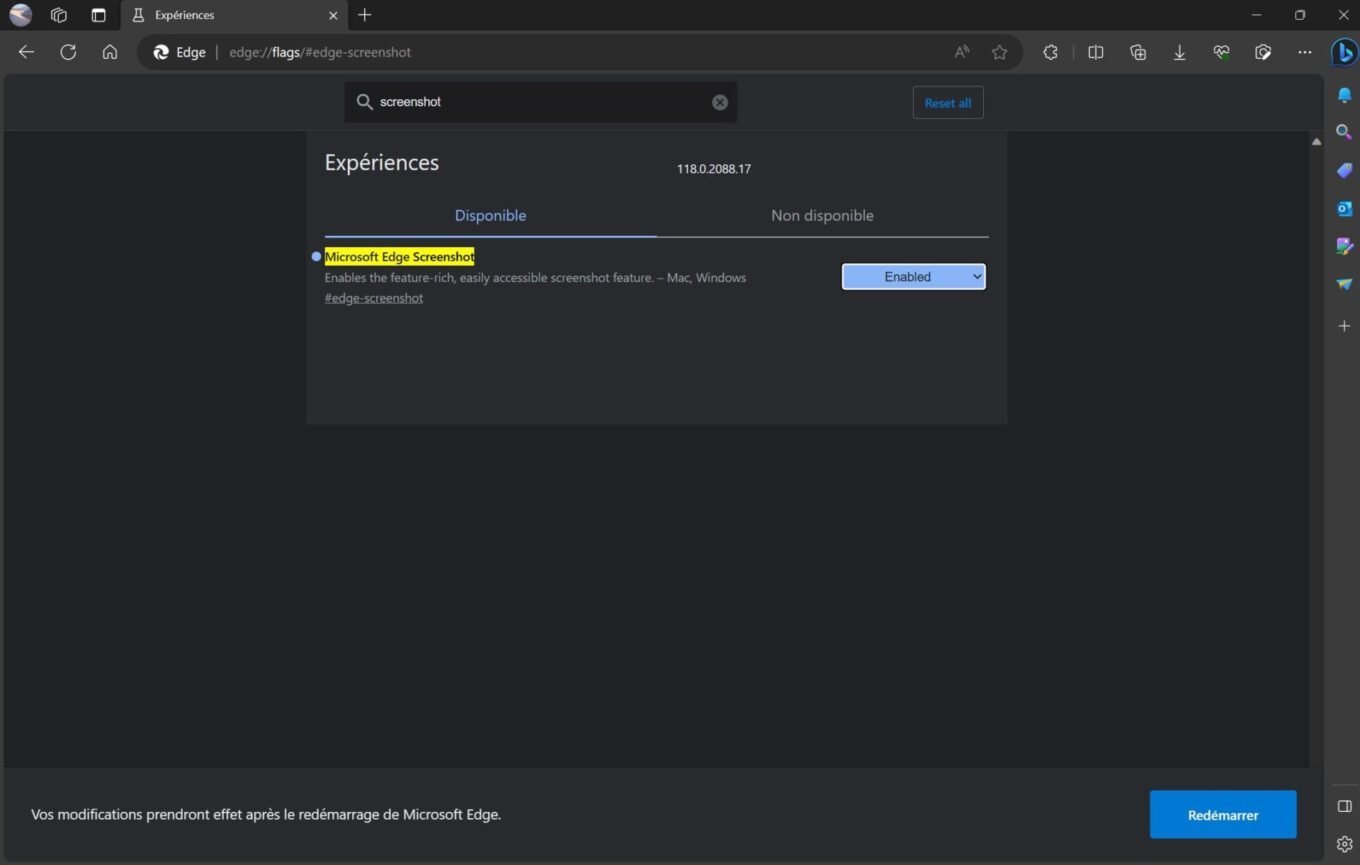 Microsoft Edge Flag Capture écran Activé