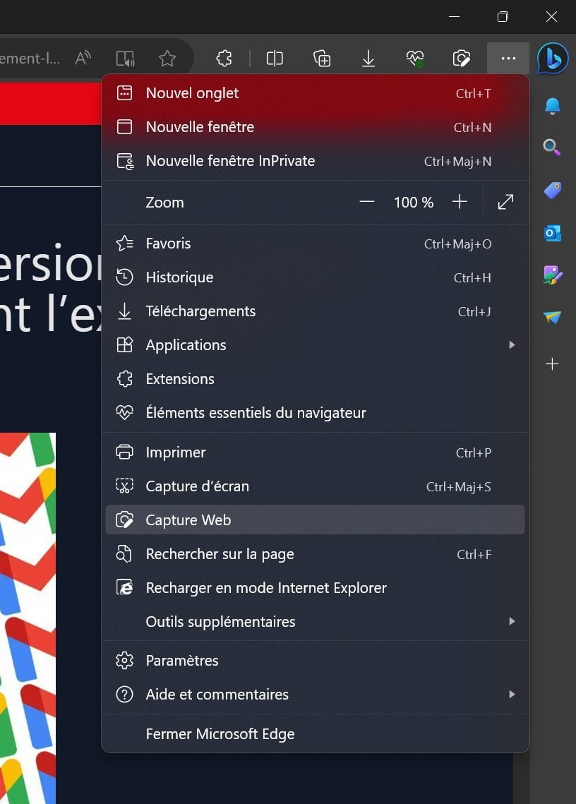 Microsoft Edge Menu Capture D'écran