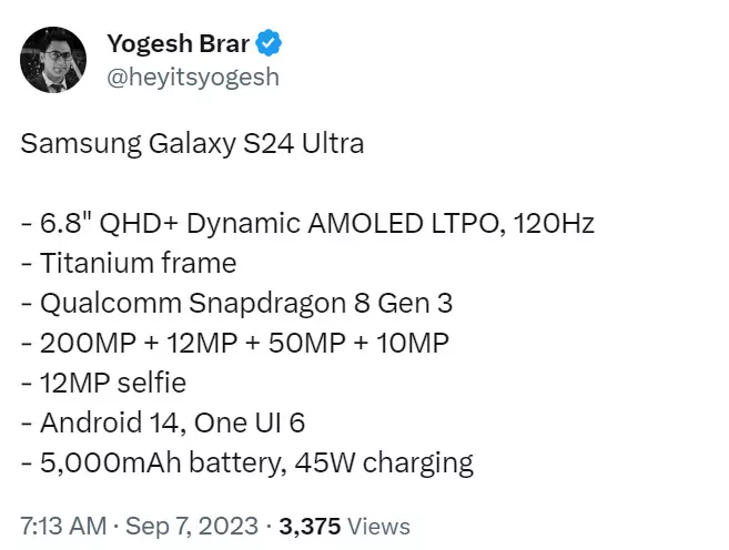 Yogesh Brar Galaxy S24 Ultra Teknik Sayfası