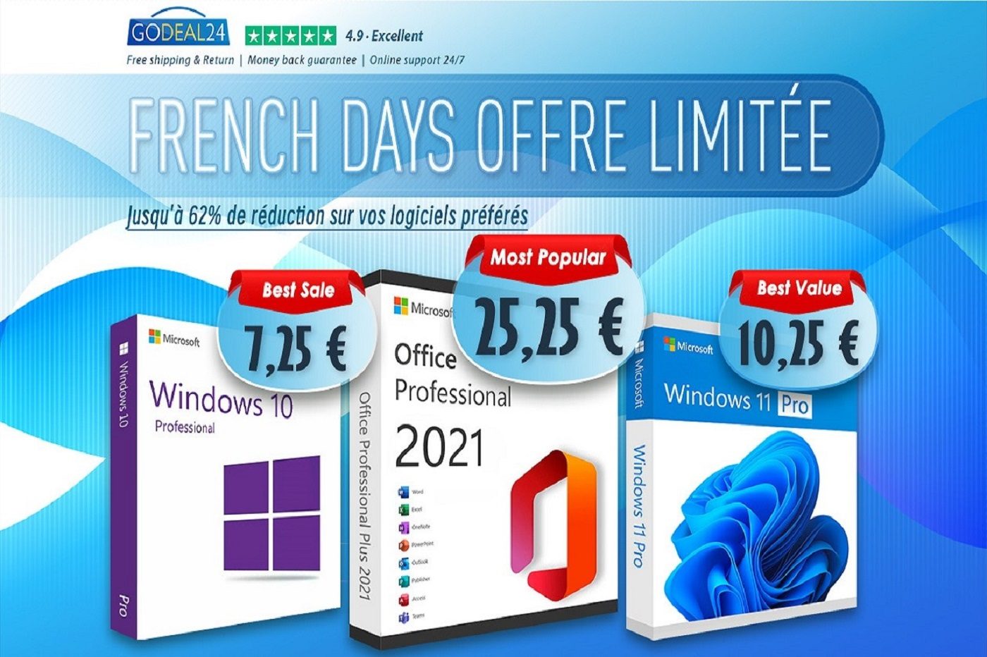 Chez Godeal24, la licence à vie Microsoft Office est à 15€ et Windows 11 à  seulement 10€