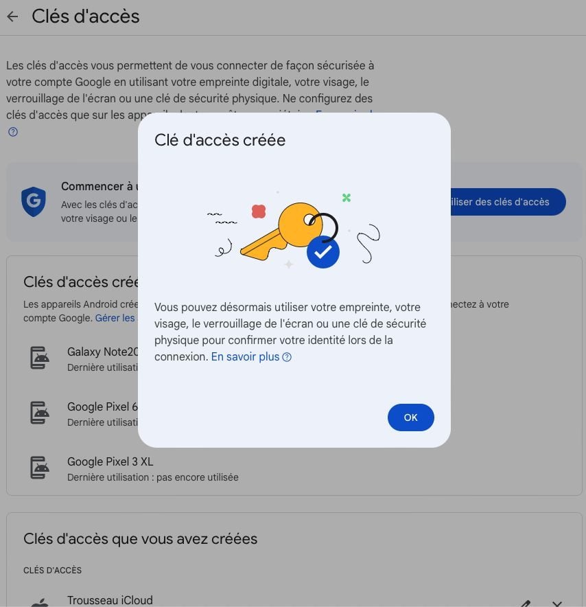 Google Clé D'accès Créée