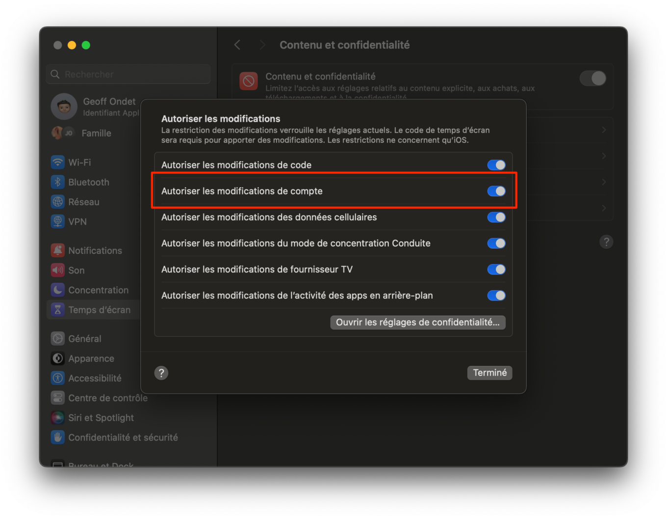 Macos Sonoma Autoriser Les Modifications De Compte