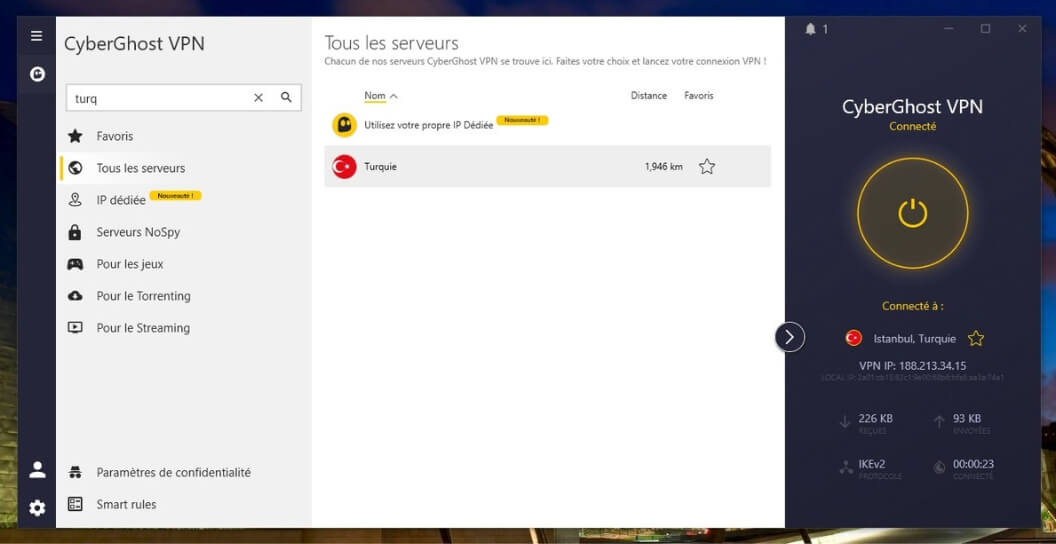 Application Windows CyberGhost connectée en Turquie pour Call of Duty Modern Warfare 3