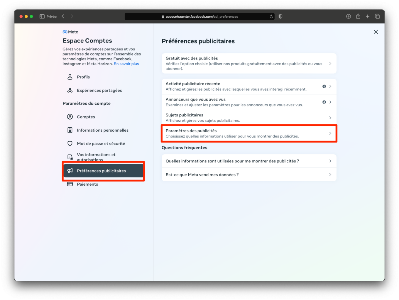 Meta Préférences Publicitaires