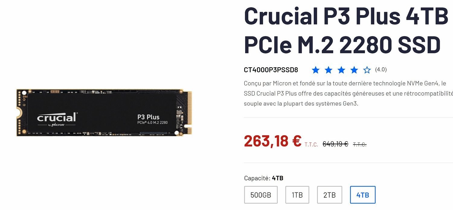 vend le SSD NVMe Crucial P3 Plus 4 To à prix FOU, erreur ou