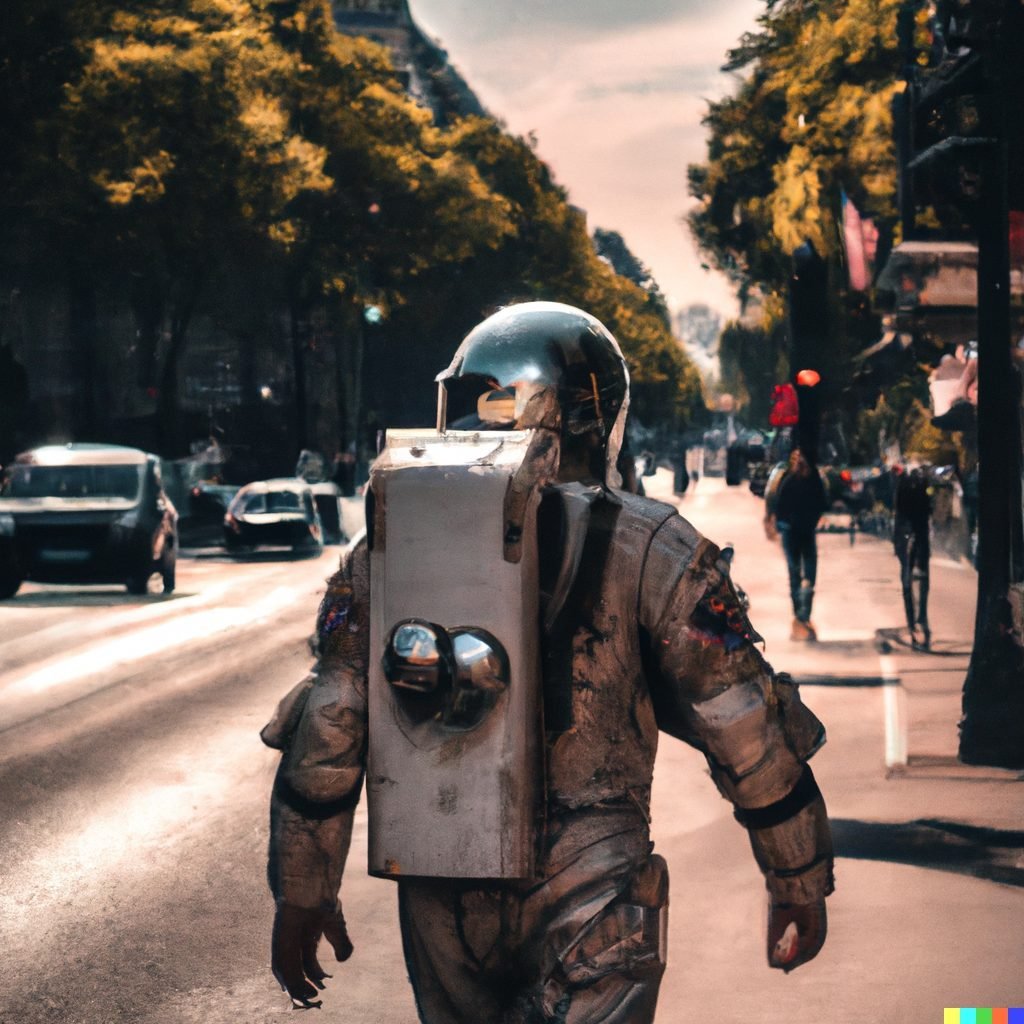 Dall·e 2024 02 15 14.02.11 An Image Showing A Cosmonaut From The Back, Walking On The Champs Élysées In Paris, In A Post Apocalyptic Environment