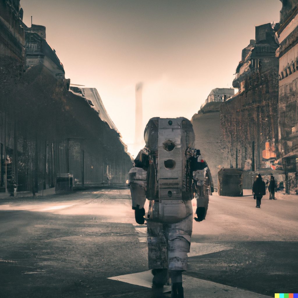 Dall·e 2024 02 15 14.02.17 An Image Showing A Cosmonaut From The Back, Walking On The Champs Élysées In Paris, In A Post Apocalyptic Environment
