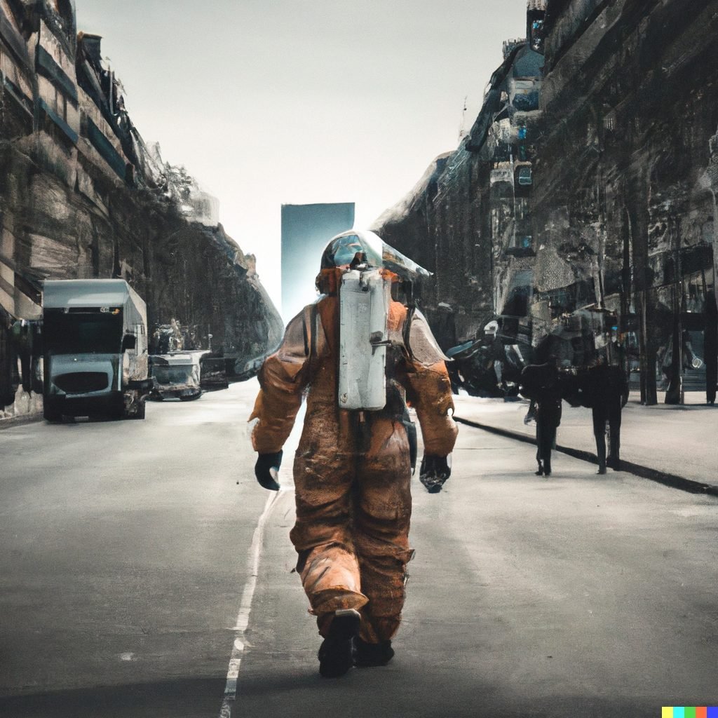 Dall·e 2024 02 15 14.02.21 An Image Showing A Cosmonaut From The Back, Walking On The Champs Élysées In Paris, In A Post Apocalyptic Environment
