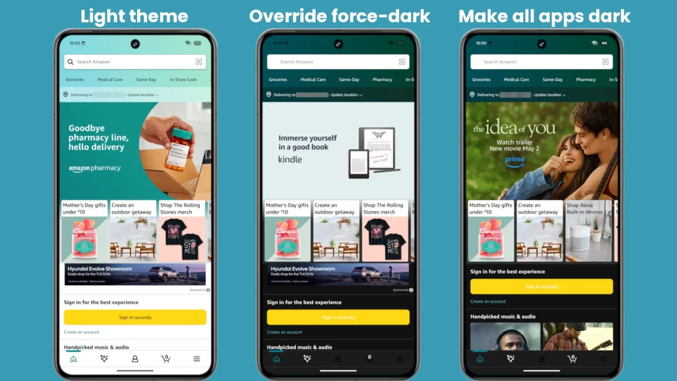 Android 15 Dark Mode Forcé Amazon