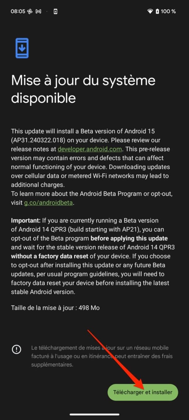 Installer Android 15 Beta Pixel10