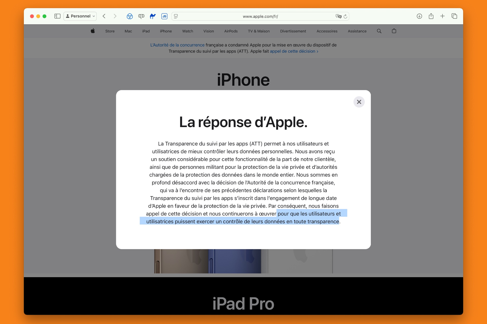 Transparence du suivi publicitaire : Apple affiche sa condamnation en France, mais maintient sa position