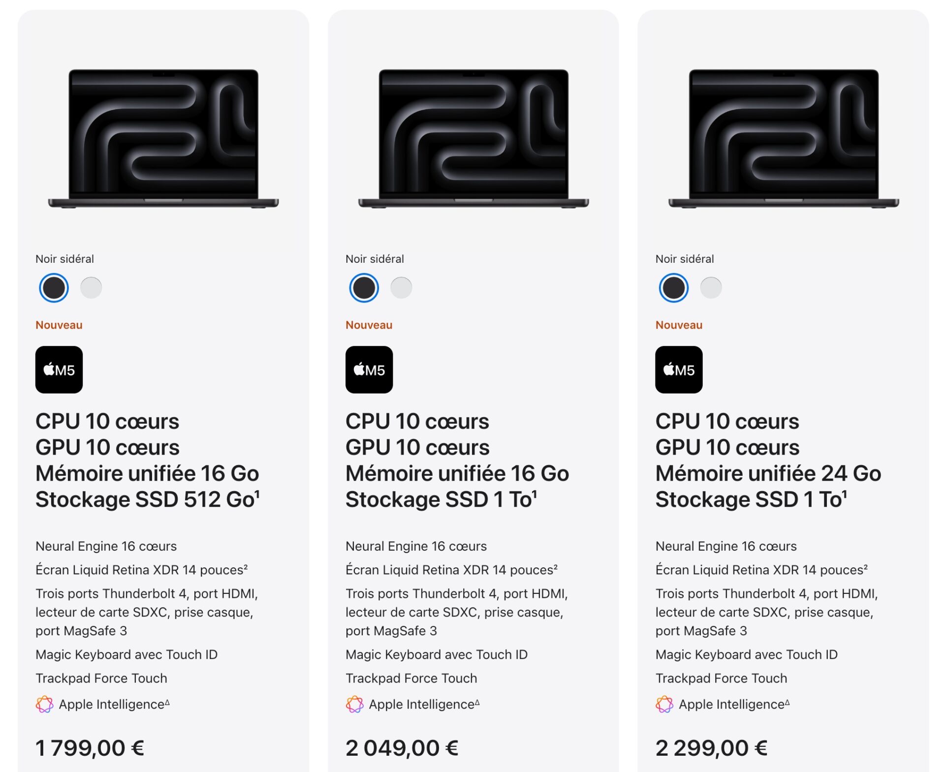 Configurations Apple Macbook Pro 14 M5