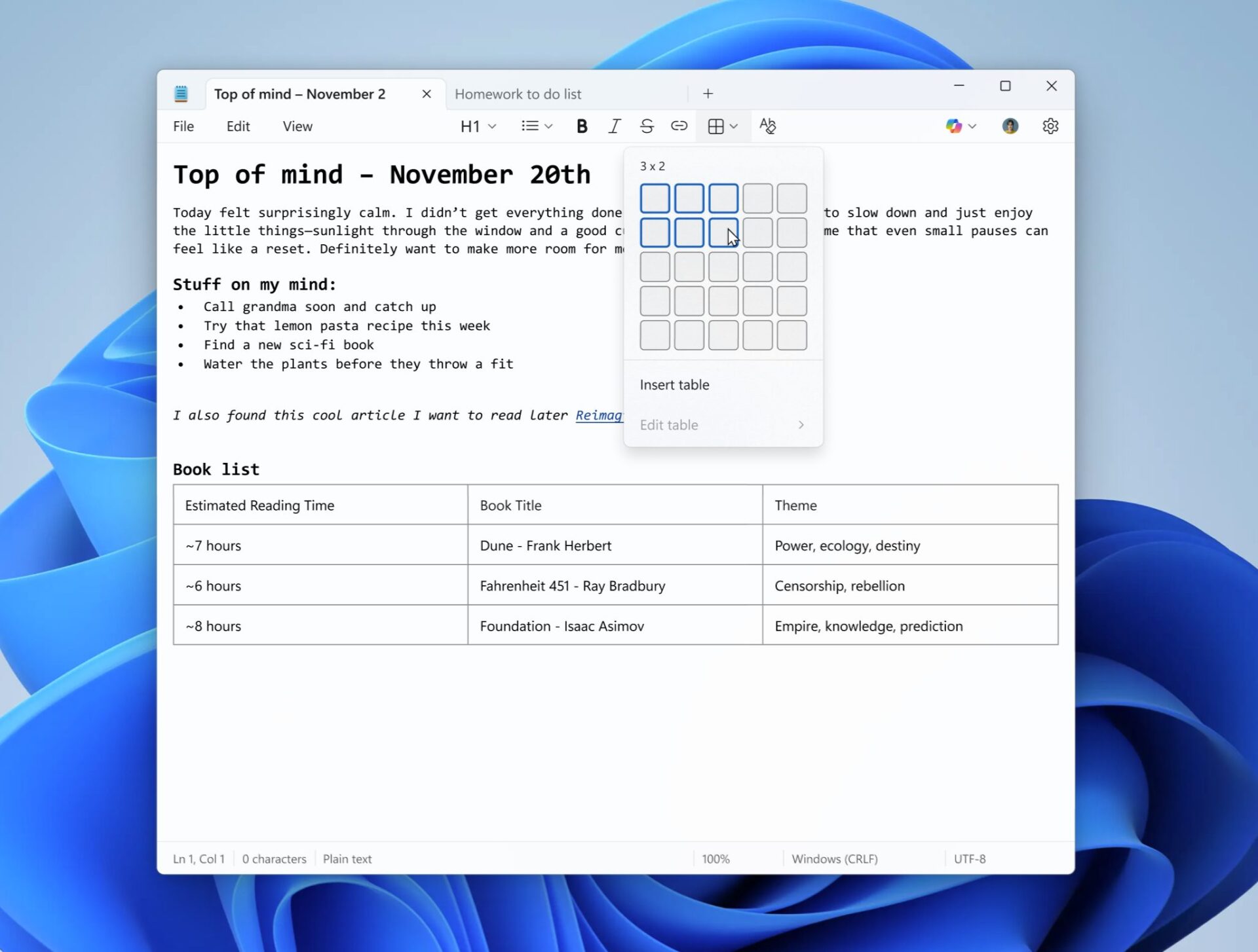 Bloc Notes Windows 11 Tableaux