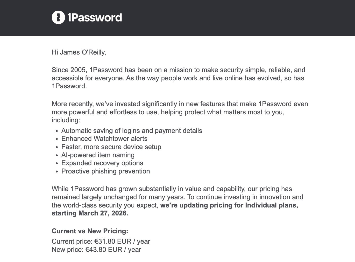 1password Hausse Prix