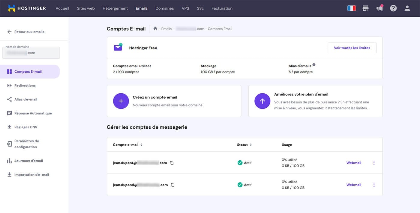 Gestion Compte Mail Professionnel Hostinger