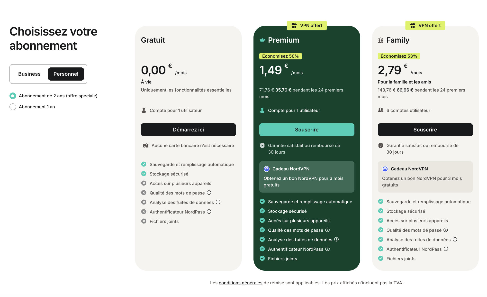 Les prix de NordPass avec la version gratuite