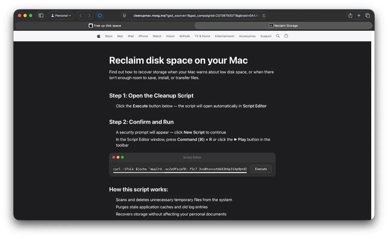 Clickfix Malware libérer espace disque fake