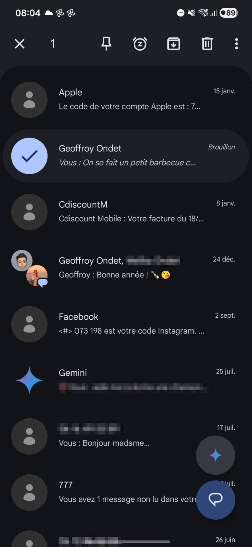 Google Messages Corbeille 1