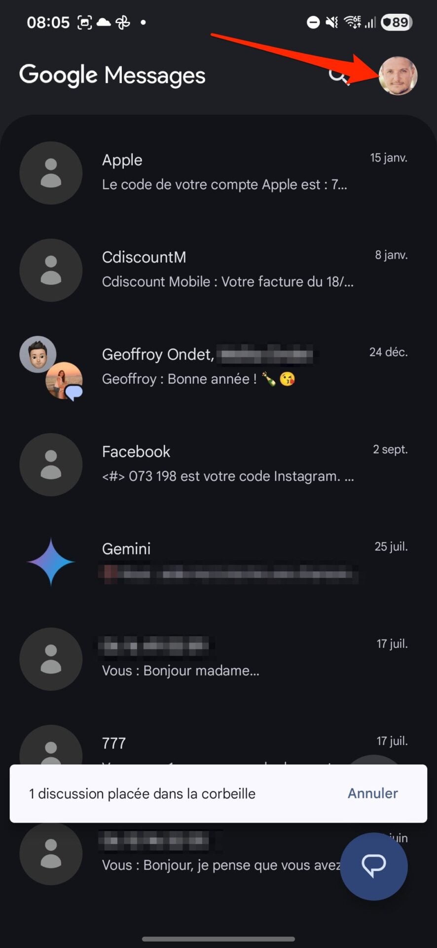 Google Messages Corbeille 3