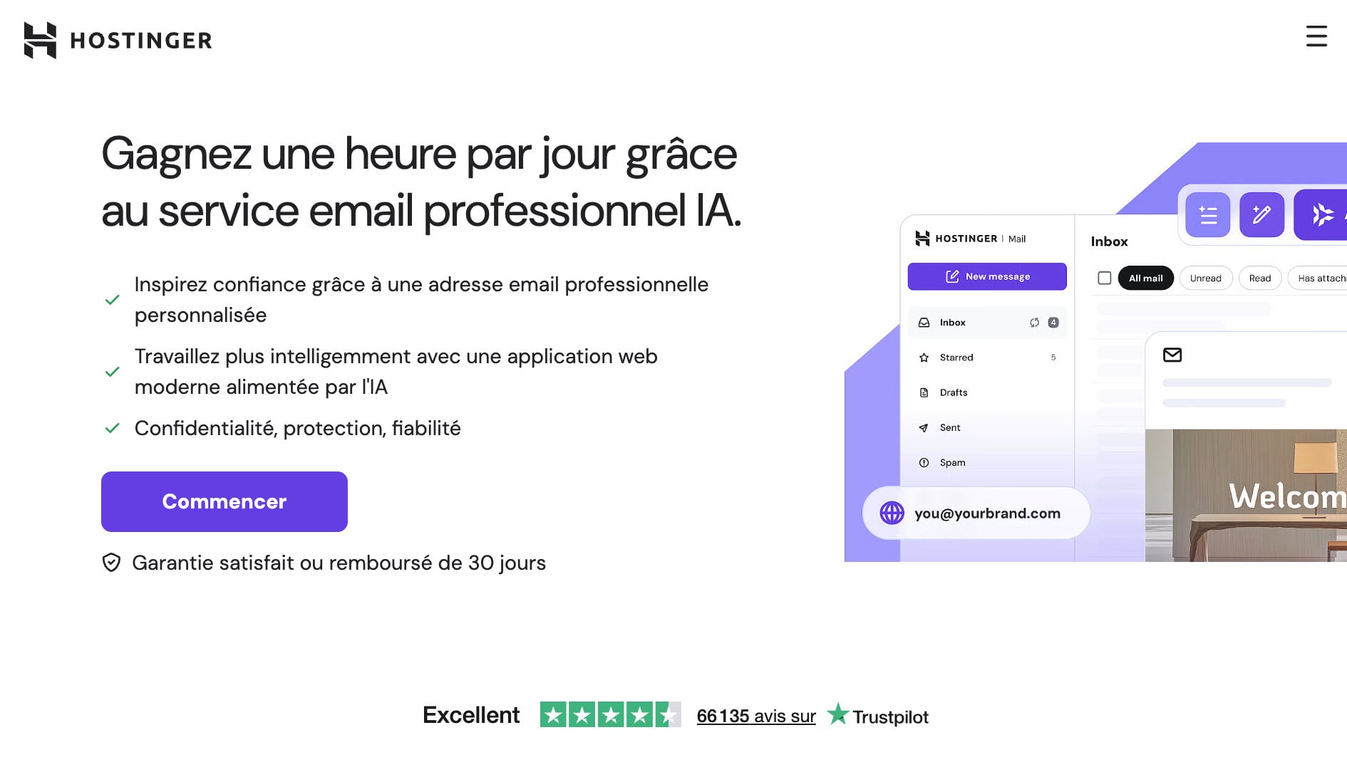 Hostinger permet de créer une boite mail professionnelle avec une couche d'IA