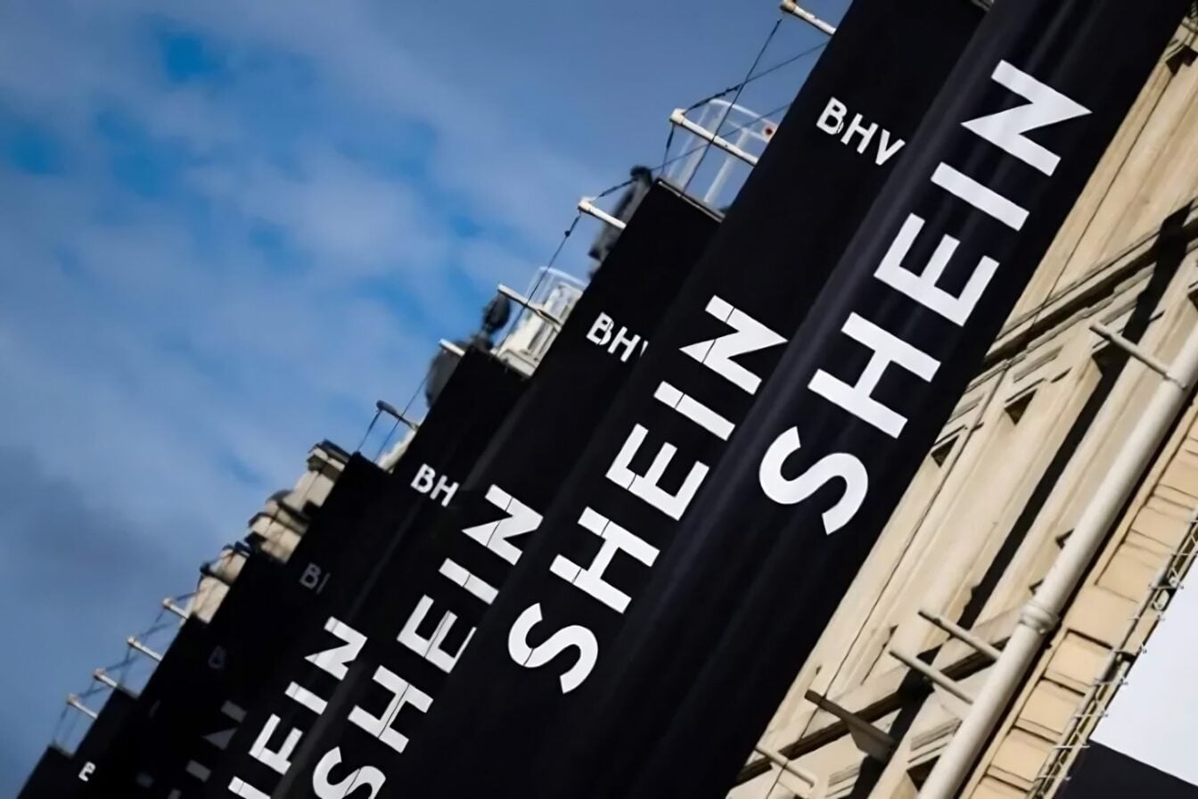 Les bannières de Shein sur la façade du BHV à Paris, le 3 novembre 2025.